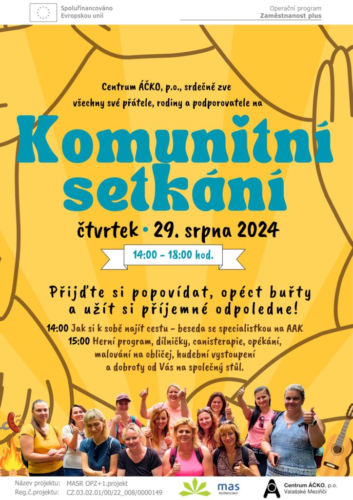 Pozvánka na Komunitní setkání, které se uskuteční ve čtvrtek 29.8.2024 od 15 hodin v Centru ÁČKO